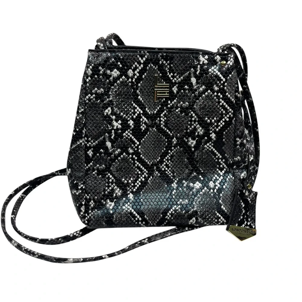 London Fog Snake Print Monochrome Shoulder Bag Gold Logo Y2K Double‎ Straps